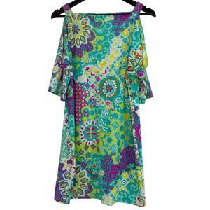 Jude Connally Cold Shoulder Shift Dress Womens S Blue Pink Floral Stretch